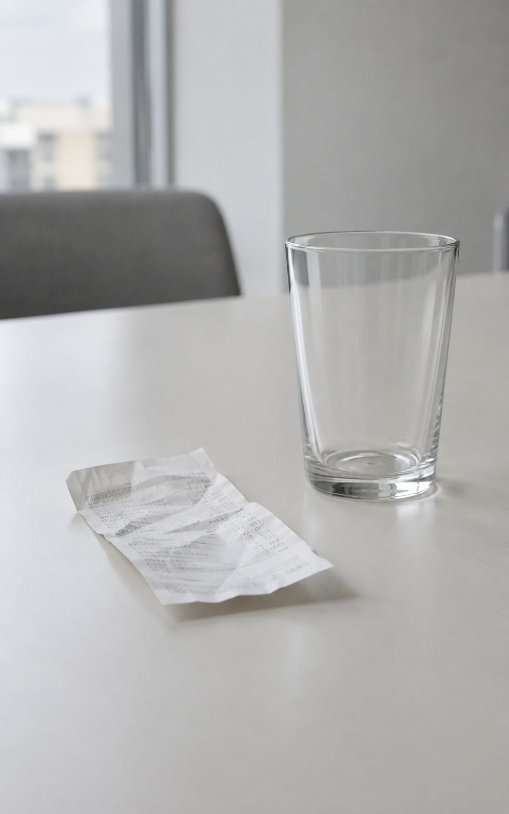 An empty water glass and a crumpled receipt left on an office table
