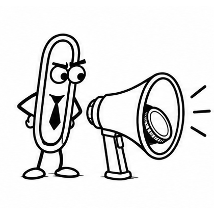 Clip beside a megaphone with a coin in its mouth