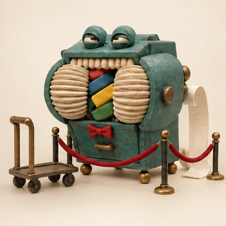 A teal clay filing cabinet with two eyes and a red bow tie, its mouth full of books, behind a red velvet rope.