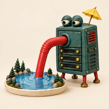 A teal clay server rack under a paper parasol, drinking a small lake through a red hose.