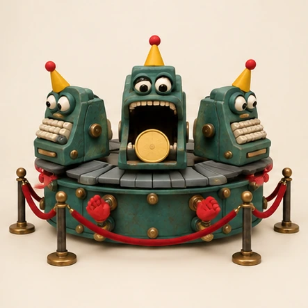 Three teal clay cash registers in party hats passing one gold coin between them, behind a red velvet rope.