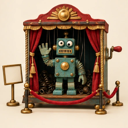 A small puppet theater with red curtains, where a clay robot on strings waves, behind a red velvet rope.