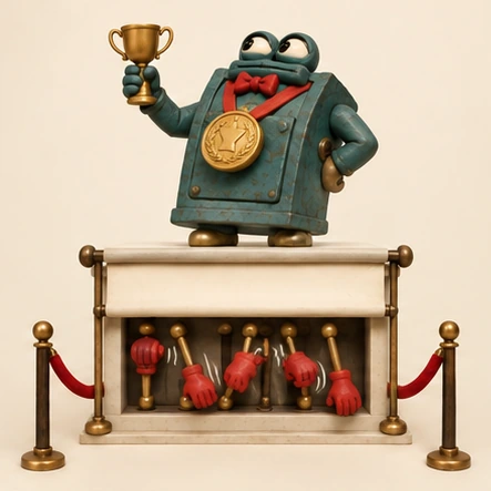 A teal clay machine holding up a trophy on a marble plinth, while red gloved hands work in a compartment beneath it.