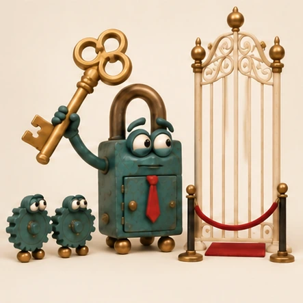 A teal clay padlock in a red tie holding up a large gold key beside a tall white gate, with two small gears looking on.