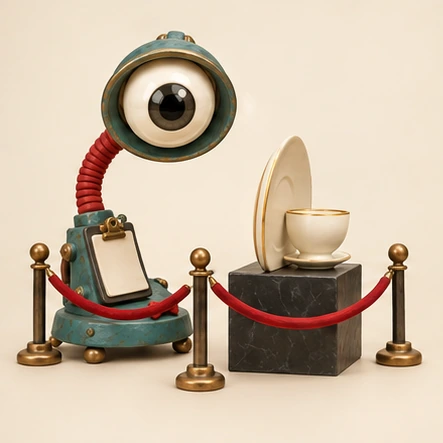 A teal clay desk lamp whose bulb is an eyeball, looking straight out, beside a teacup on a marble block.