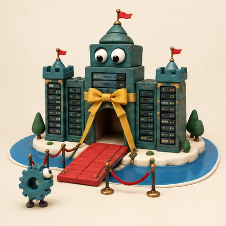 A castle built of server racks, with eyes on its keep and a red drawbridge over a blue moat; a small gear waits outside.