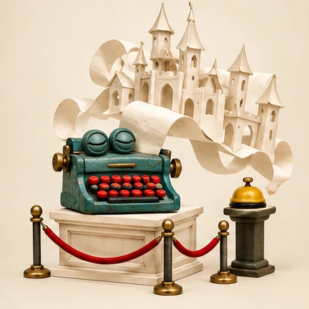 A teal clay typewriter, eyes shut in bliss, whose paper has folded itself into a palace.