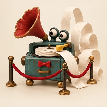A teal clay gramophone with a red horn, playing a record that is a roll of receipt paper; the paper keeps coming.